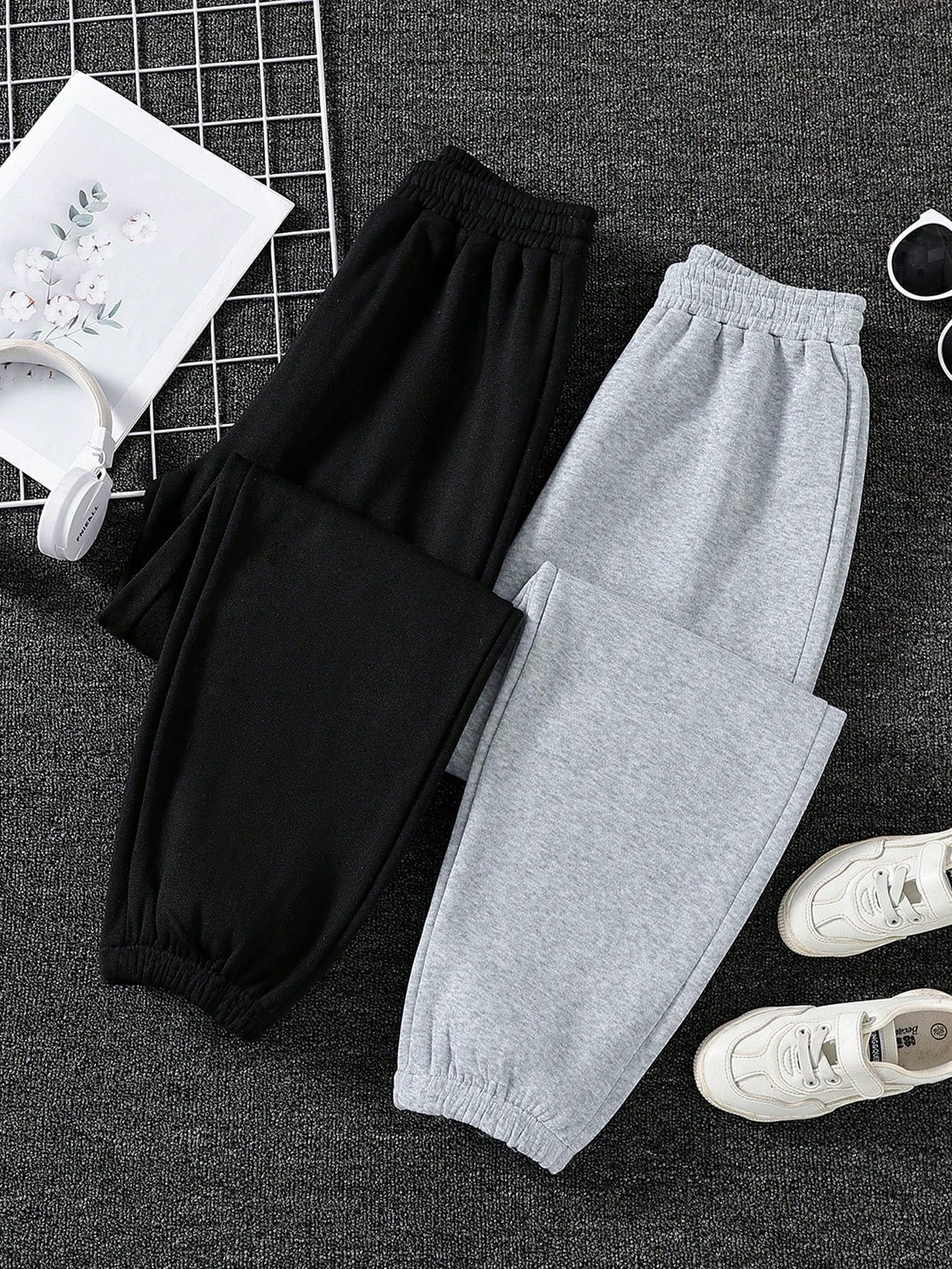 2pcs/set Teenage Girls' Casual Black & White Tracksuit, Including Sweatshirt And Sweatpants