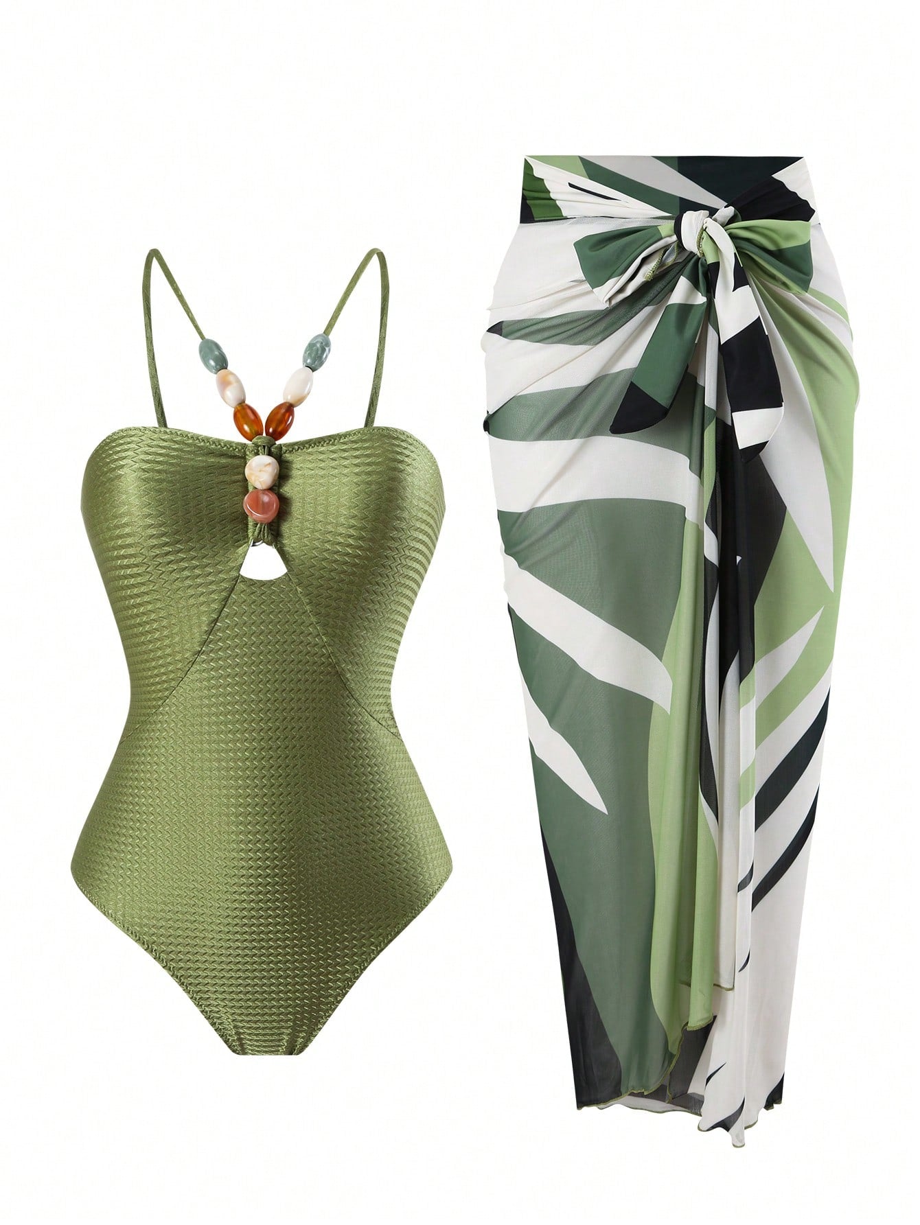 Summer Beach Hollow Out One-Piece Swimsuit & Colorblock Cover Up Skirt Bathing Suit