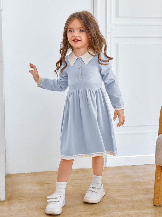 Young Girl Long Sleeve Doll Collar Knit Sweater Dress