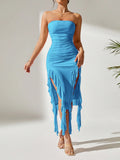 Women's Strapless Dress With Split Hem And Ruffles