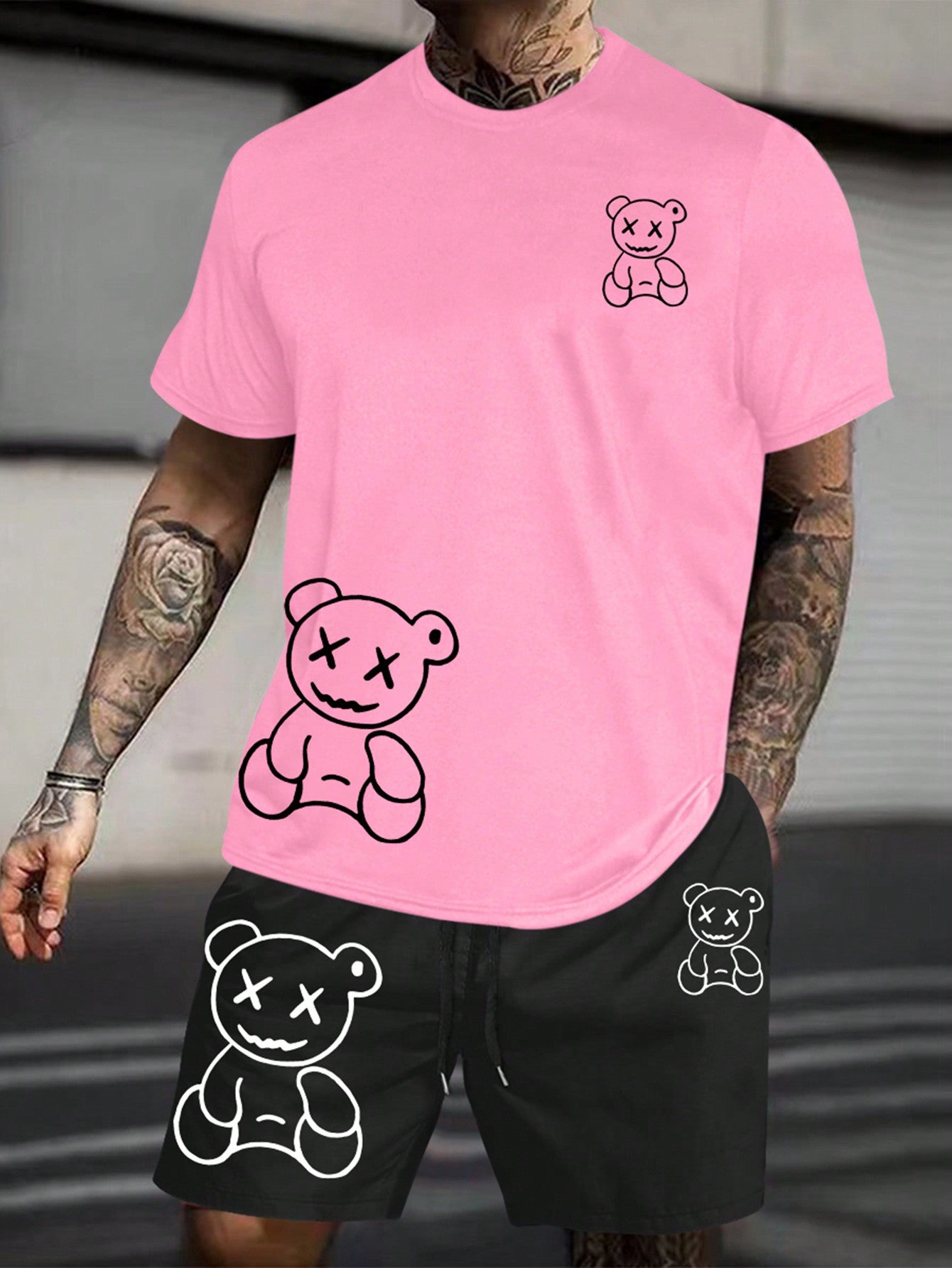 Men's Plus Size Cartoon Bear Printed Round Neck Short Sleeve Casual T-Shirt And Drawstring Waist Shorts Summer Outfit