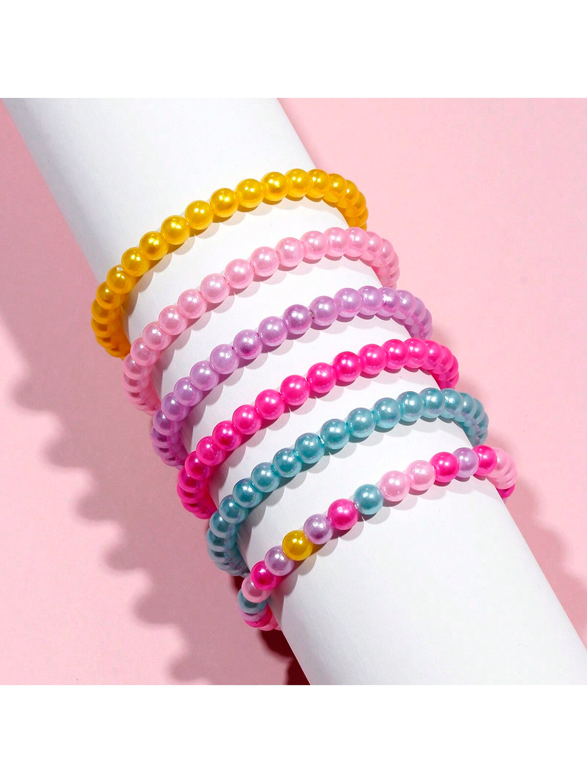 6pcs 8mm Colorful Beaded Charm Bracelets Jewelry Set For Girls, Random Color