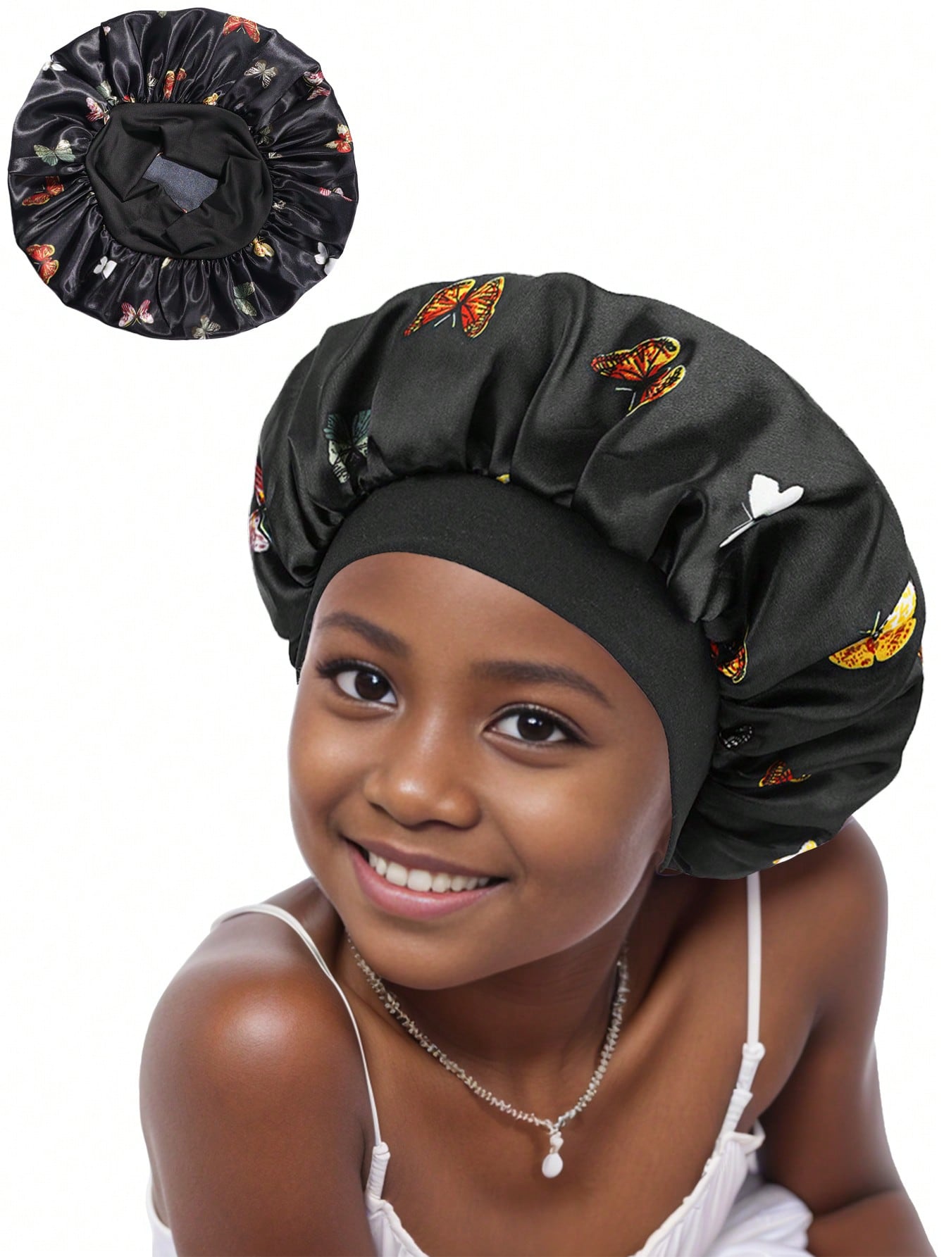 1pc Children's Butterfly Printed Wide Brim Bonnet Hat With Elastic Band, Fashionable And Comfortable, Suitable For Daily Use And Sleeping