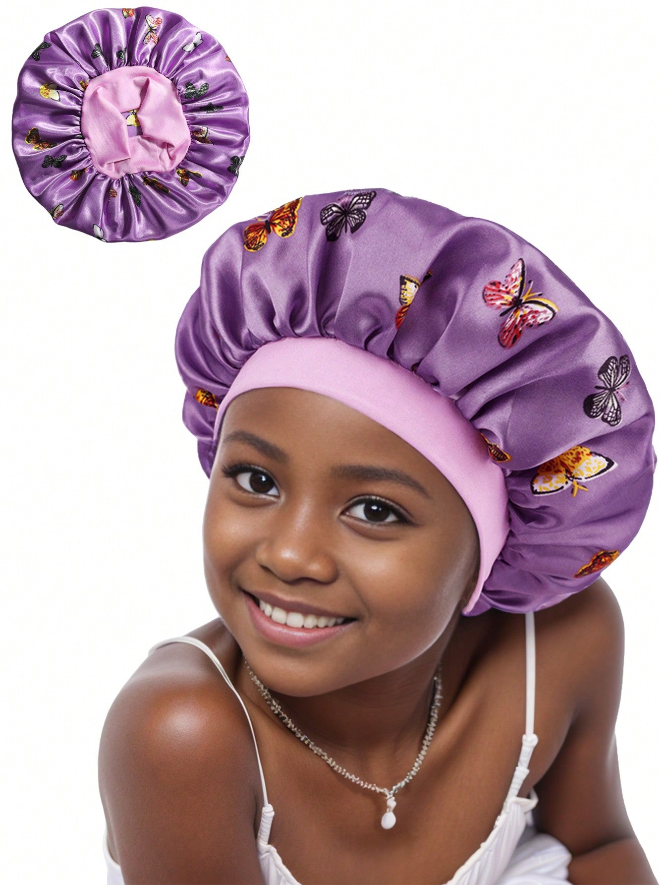 1pc Children's Butterfly Printed Wide Brim Bonnet Hat With Elastic Band, Fashionable And Comfortable, Suitable For Daily Use And Sleeping