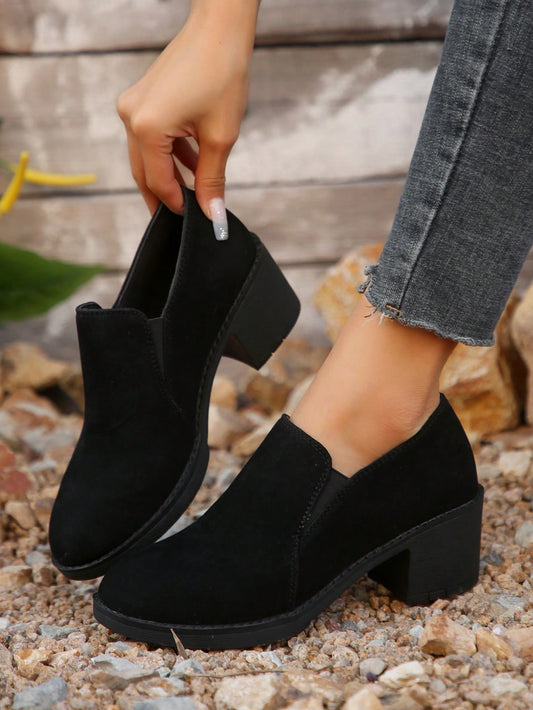 Women's Solid Color Thick Heel Short Boots Casual Black Non-Slip Comfortable Ankle Boots For Women