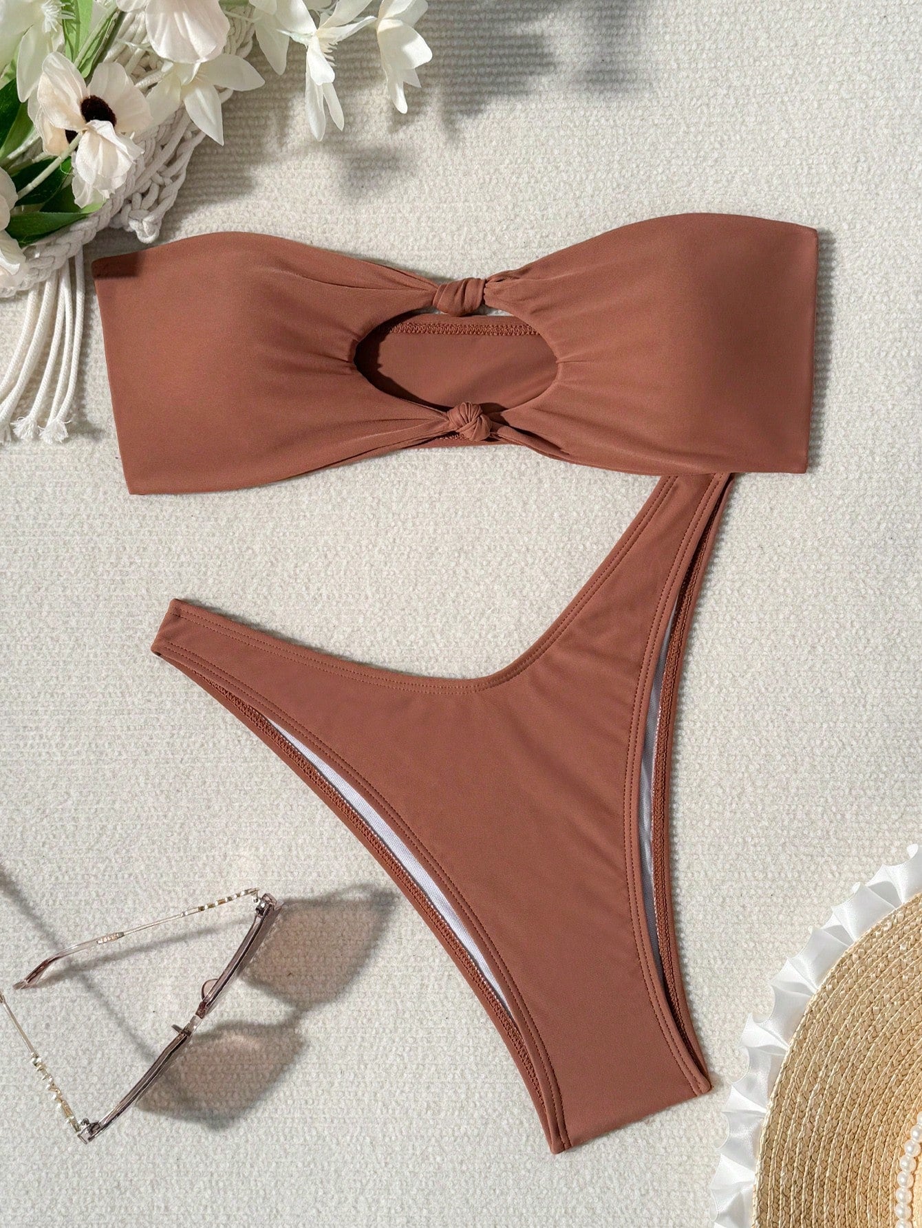 Swim Mod Summer Beach Solid Bikini Set Knot Decor Bandeau Top & High Cut Bottom 2 Piece Bathing Suit