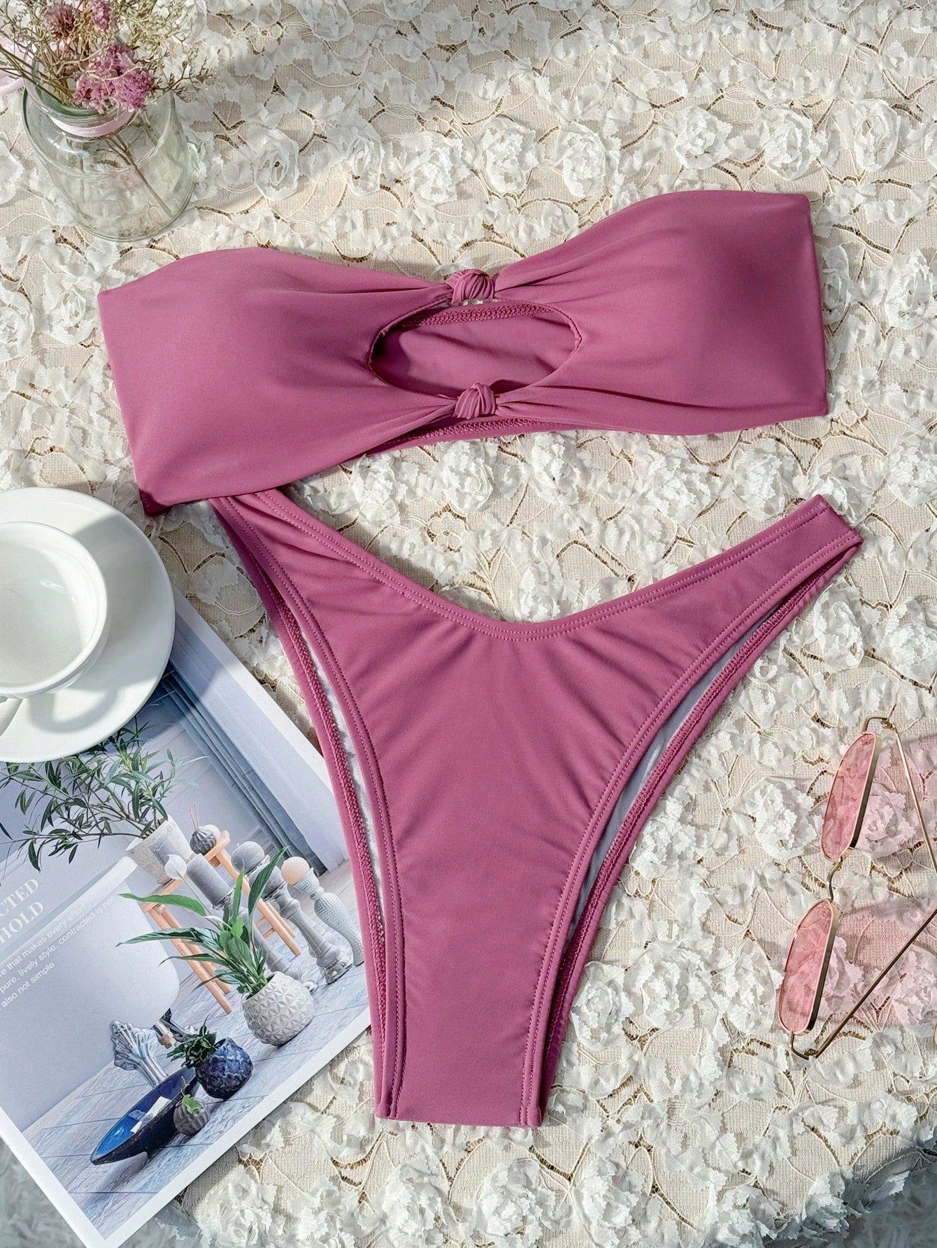 Swim Mod Summer Beach Solid Bikini Set Knot Decor Bandeau Top & High Cut Bottom 2 Piece Bathing Suit