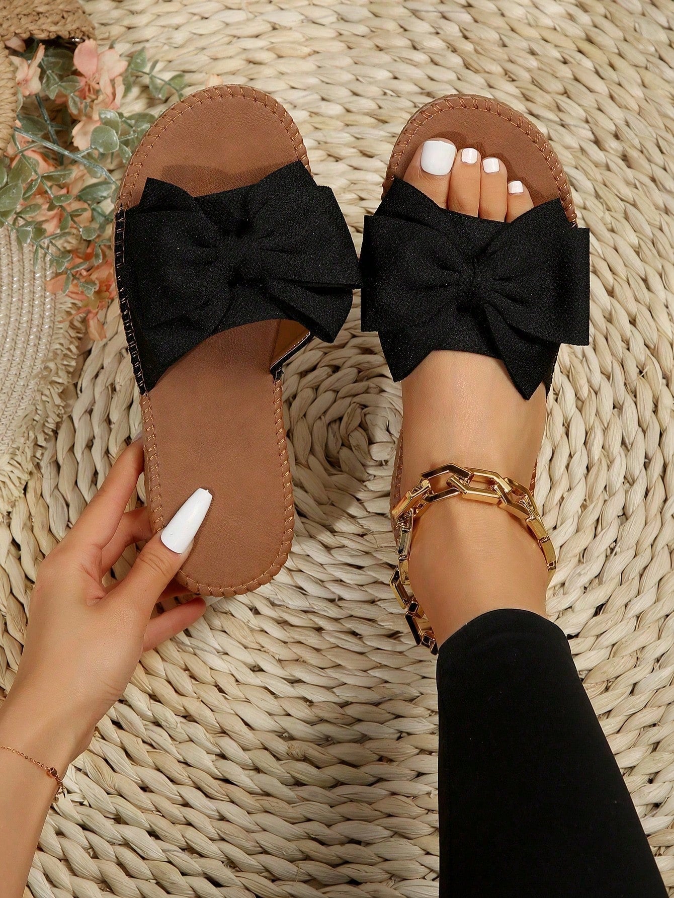 Women Anti-slip Bow Decor Flat Sandals, Vacation Summer Polyester Slide Sandals