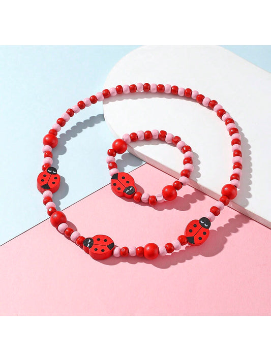 2pcs Children Wooden Beads Jewelry Set For Girls, Includes One Ladybird Necklace And One Bracelet, Great Holiday Party Gifts Toys Decorations For Kids