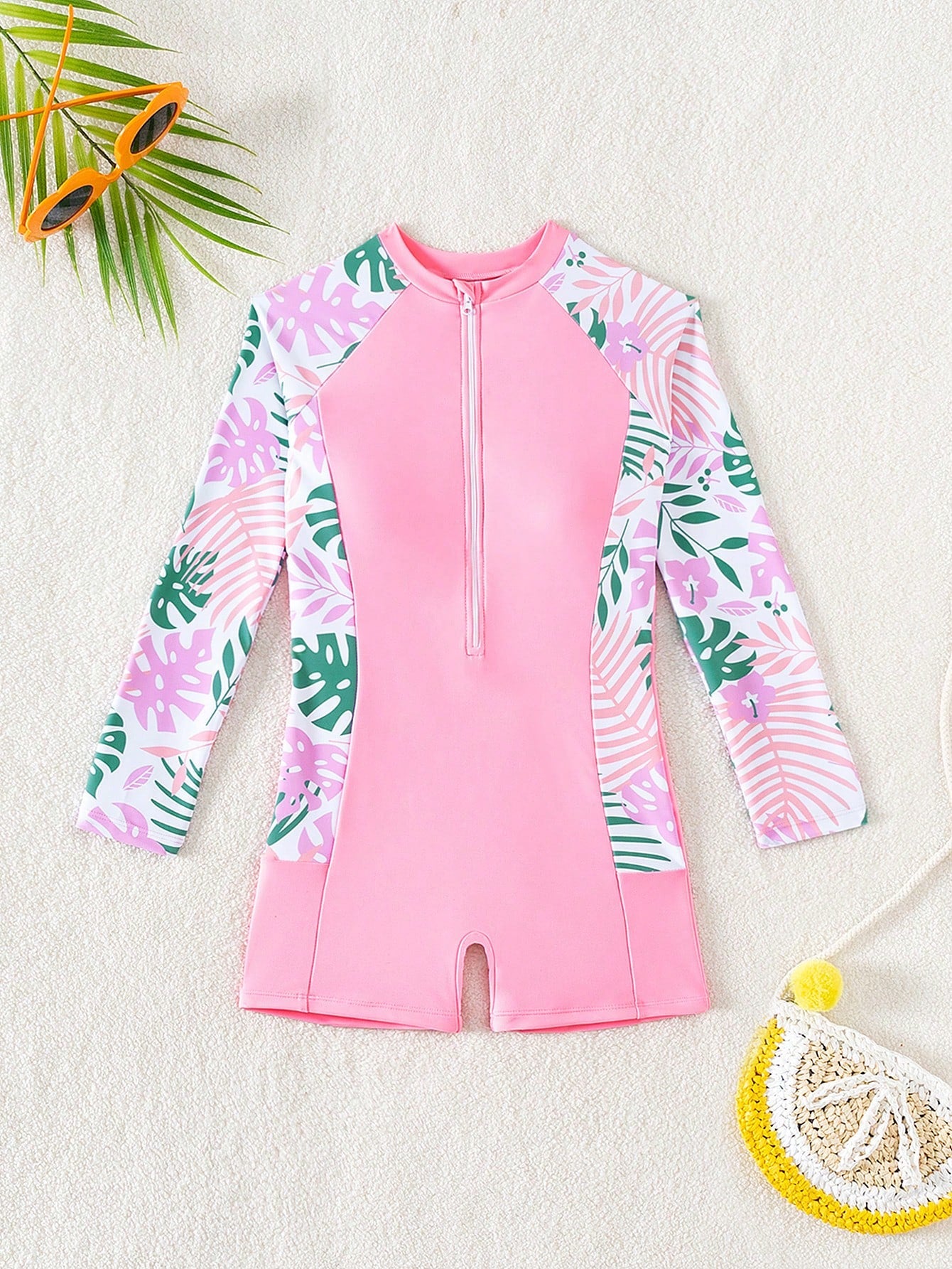 Tween Girls' Long Sleeve One Piece Swimsuit With Tropical Plant Print