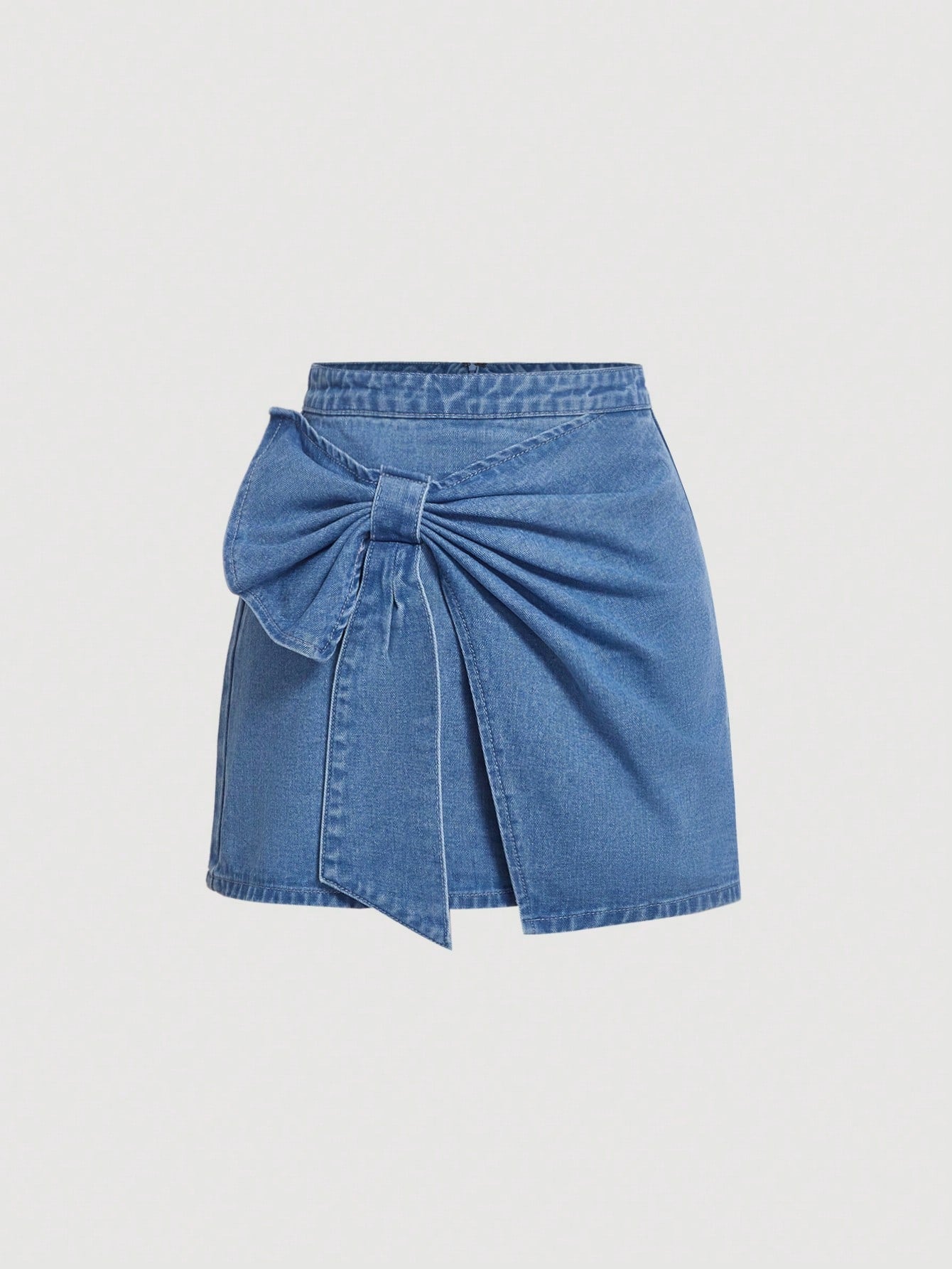 High-Waisted Blue Denim Mini Skirt With Bowknot Decoration For Women