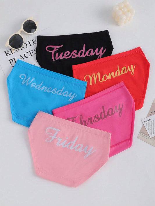 5pcs Basic Style Triangle Panties With Fun Prints, Solid Colors, For Tween Girls