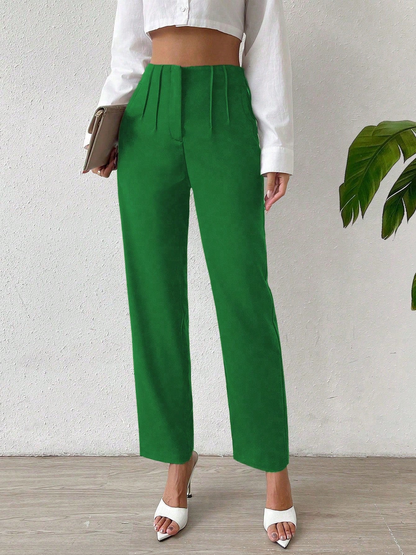 Solid Fold Pleated Straight Leg Pants