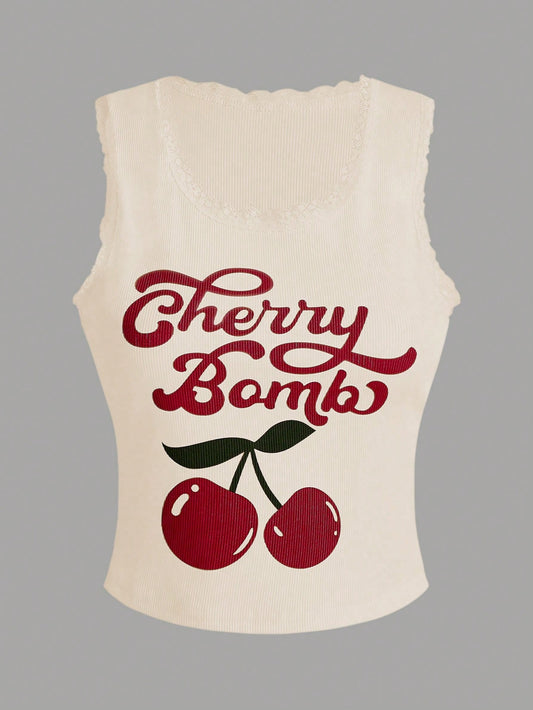 Plus Size Summer Cherry & Letter Printed Slim Fit Tank Top Cherry Bomb, School