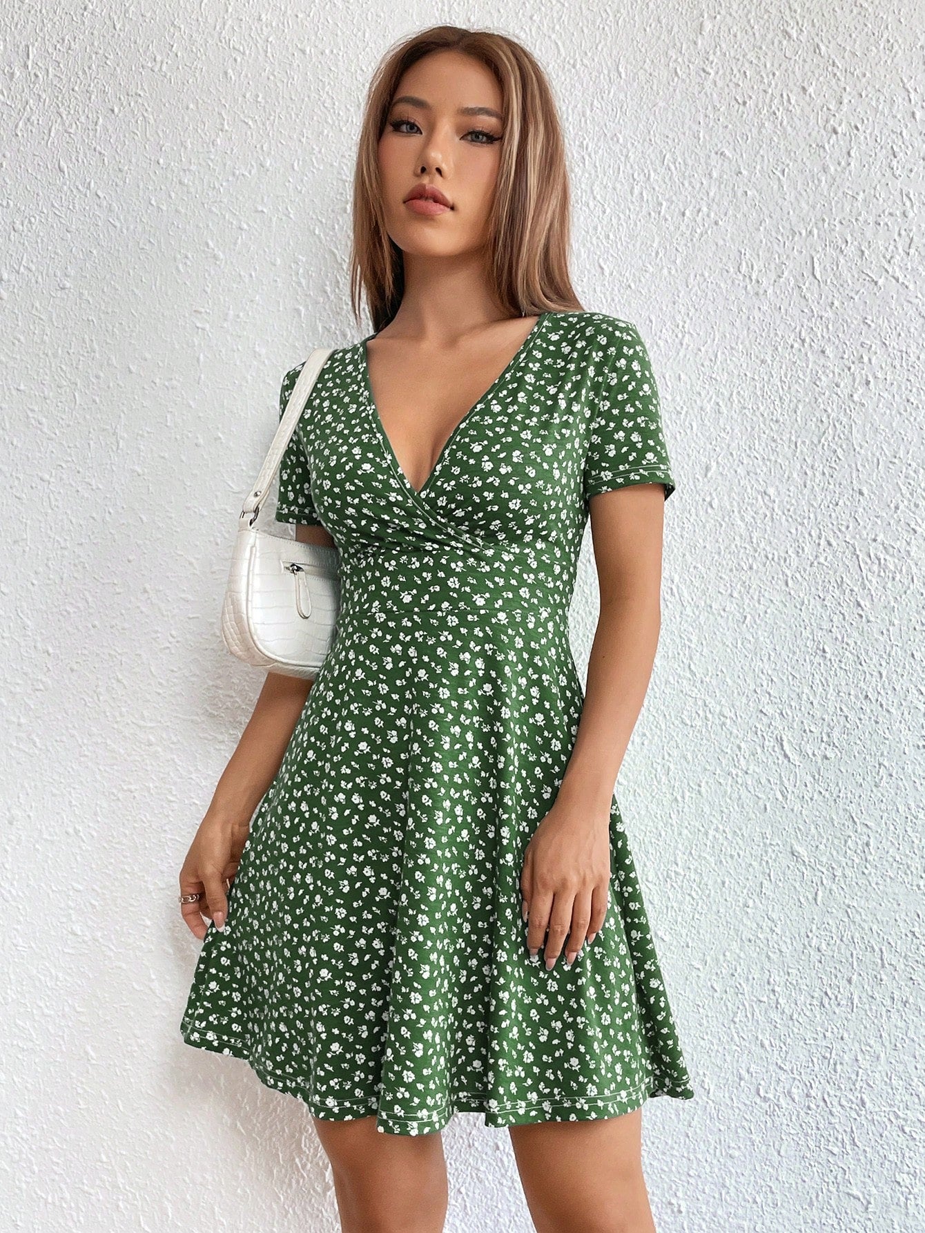 Women Spring/Summer Elegant Wrap Heart Polka Dot Print V-Neck Short Sleeve Dress