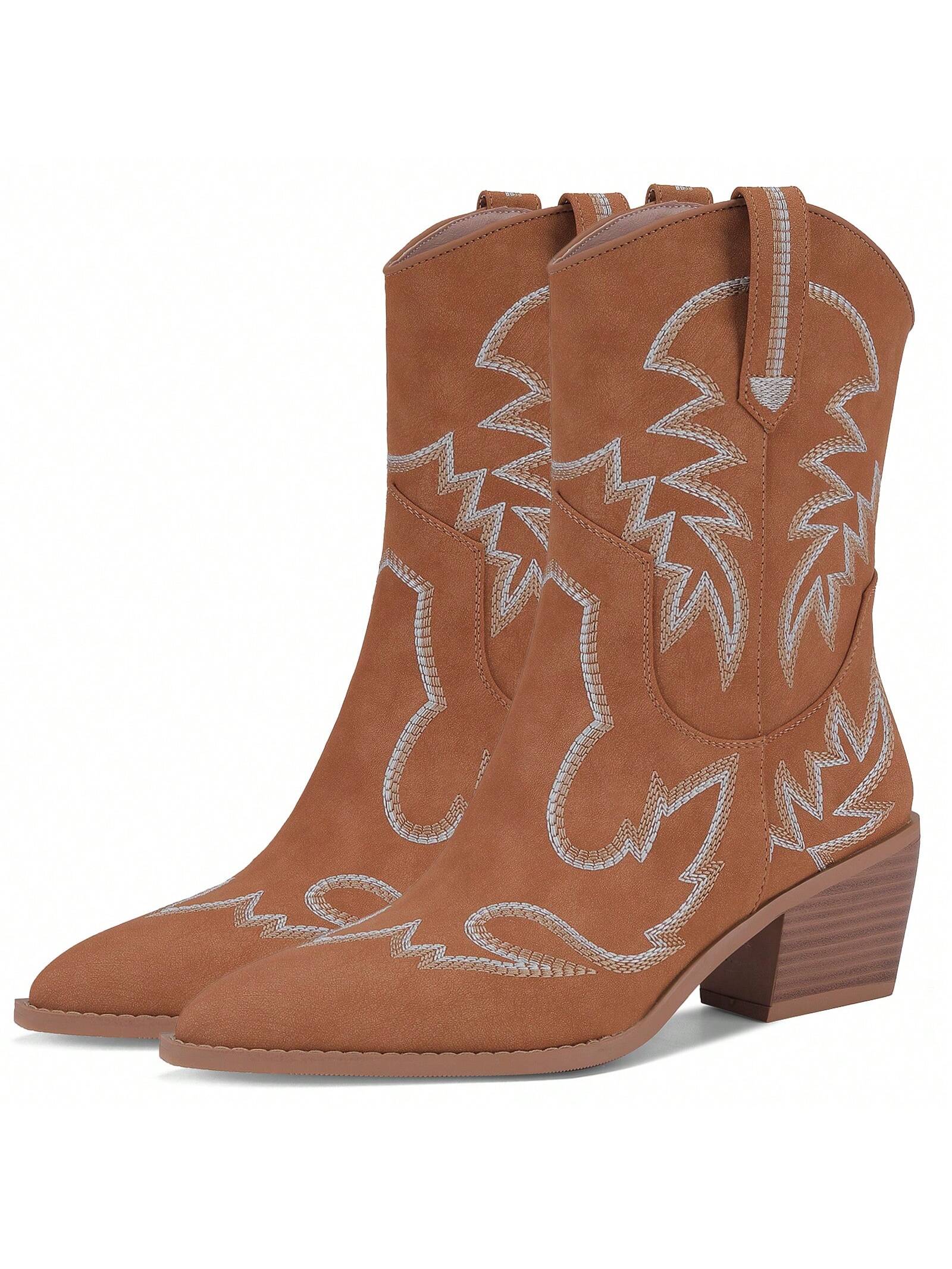 Monrovia Womens Cowgirl Boots Wide Calf Cowboy Boots Mid-Calf Pointed Toe Low Block Heel Embroidered Cowgirl Outfit