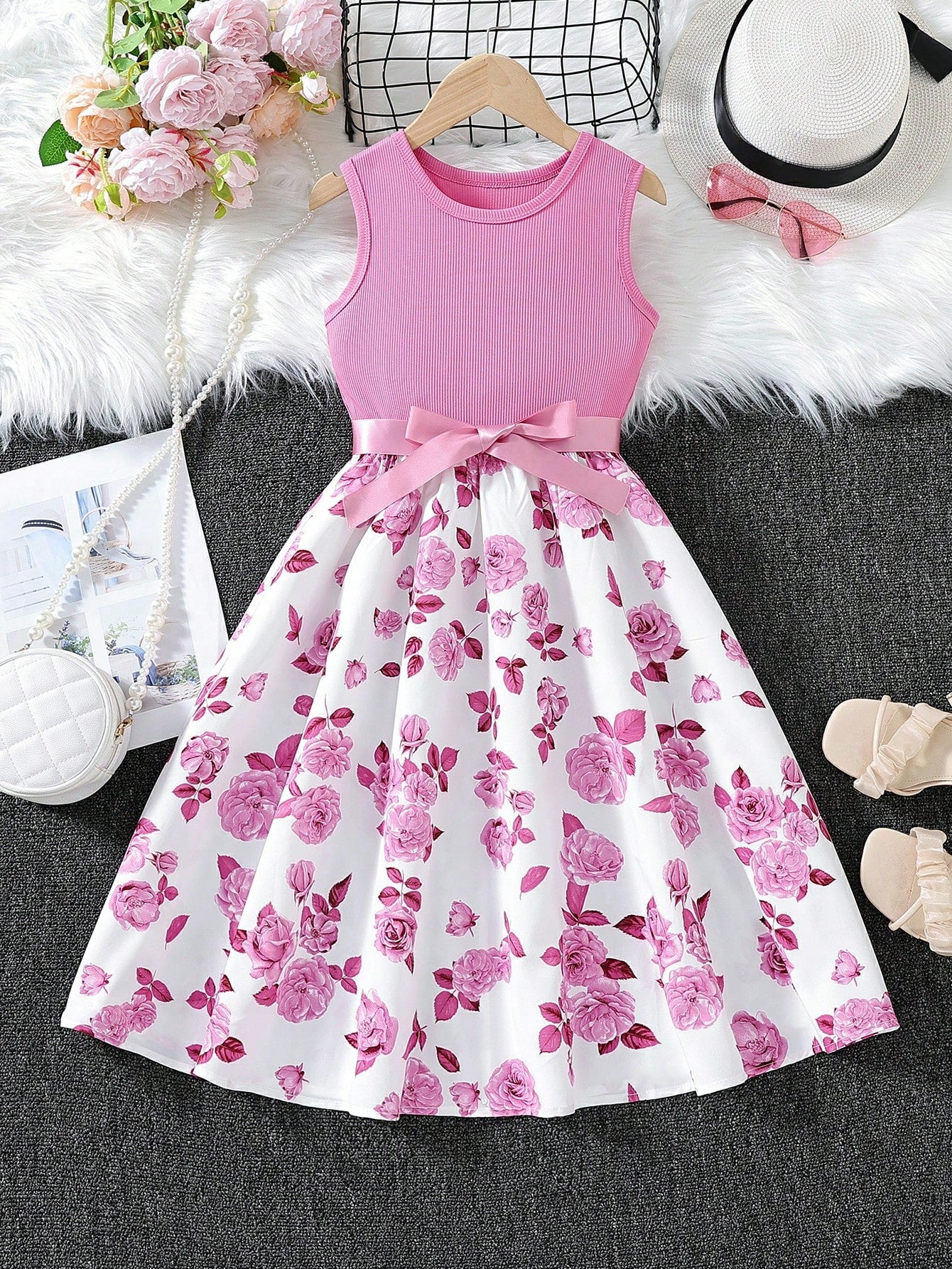 Tween Girl Summer Elegant Floral Print Sleeveless Dress With Round Neckline