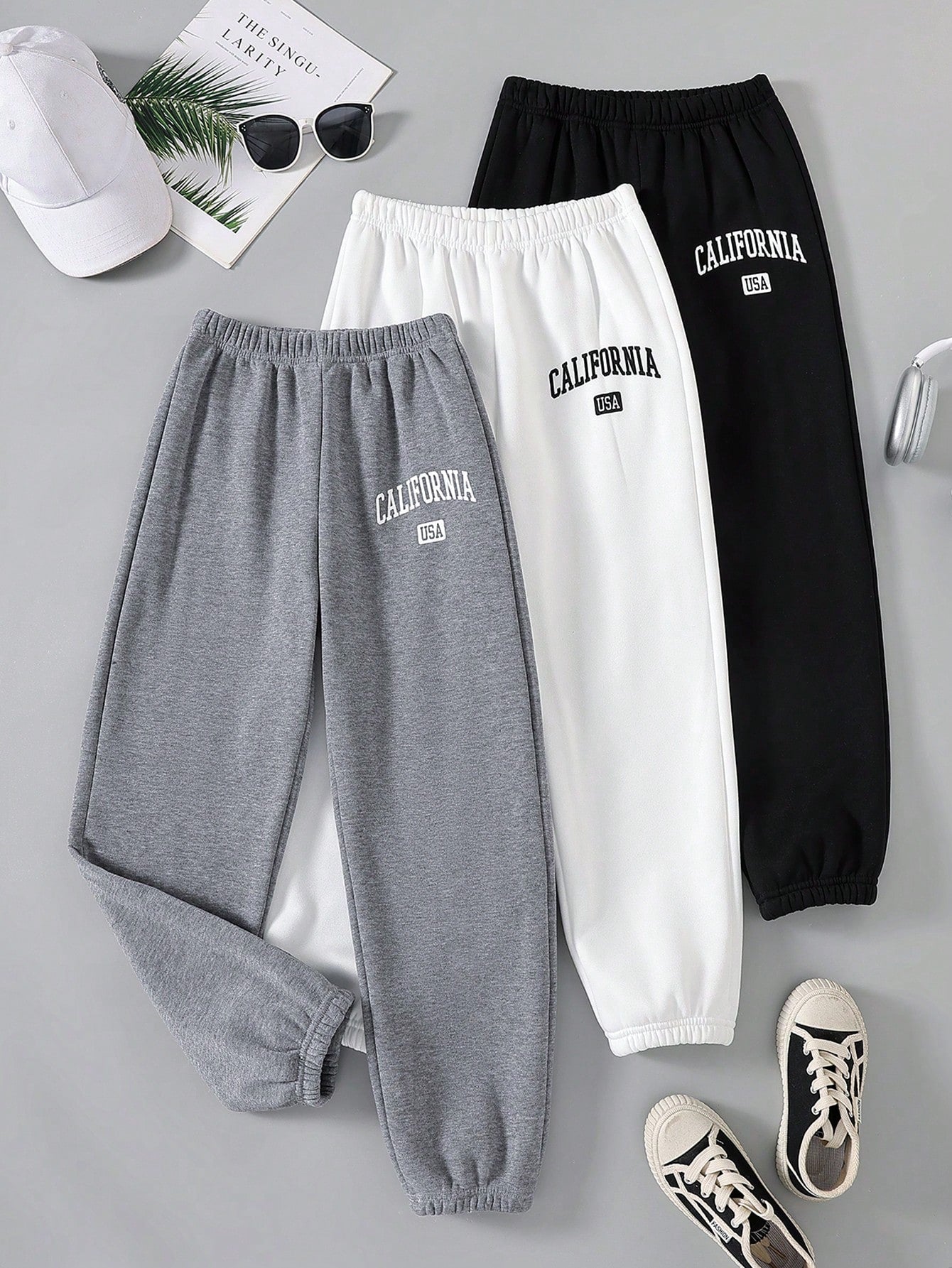 3pcs/Set Tween Boys' Sports Knitted Sweatpants Set White And Grey Sweatpants