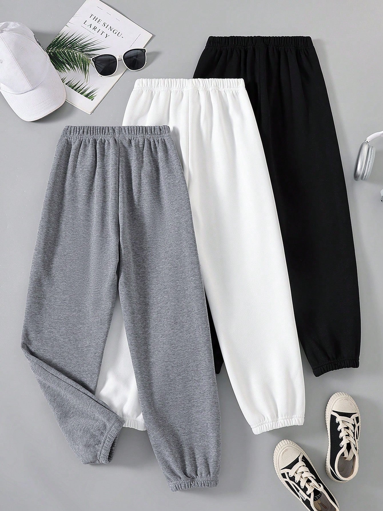 3pcs/Set Tween Boys' Sports Knitted Sweatpants Set White And Grey Sweatpants