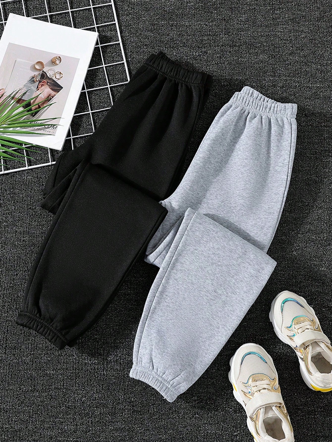 Tween Girl 2pcs Solid Elastic Waist Thermal Lined Sweatpants