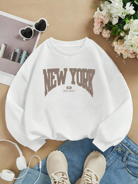 Tween Boy Casual Letter Print Pullover Sweatshirt With Round Neck