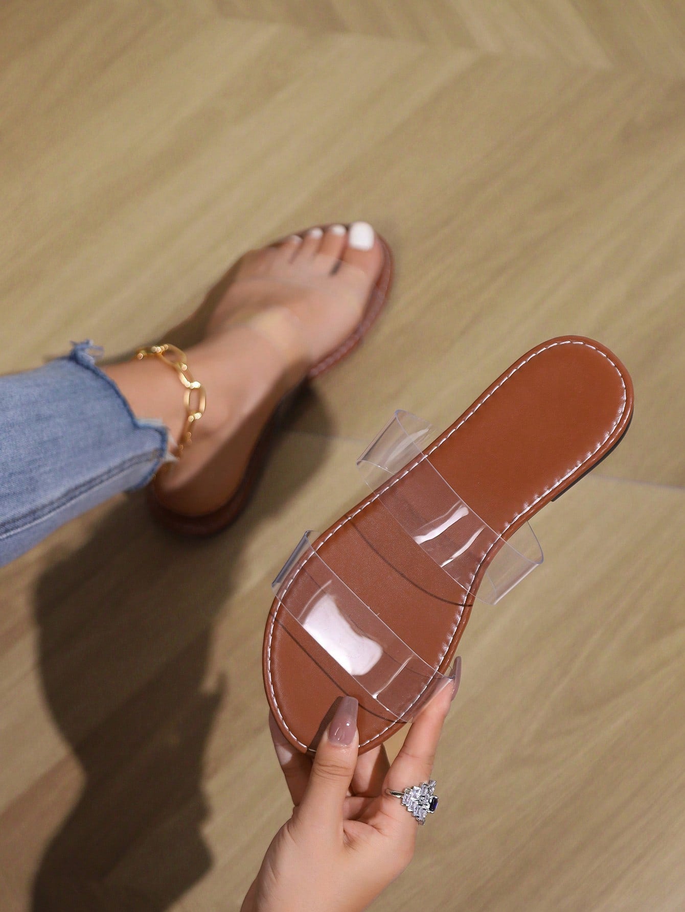 Women's Transparent Strap Casual Sandals With Brown Flat Soles, Perfect For Travel And Leisure Outdoors