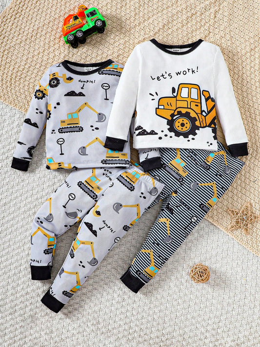 Young Boy Cartoon Print Long Sleeve And Pants Two-Piece Set For Snug Fit Home Wear