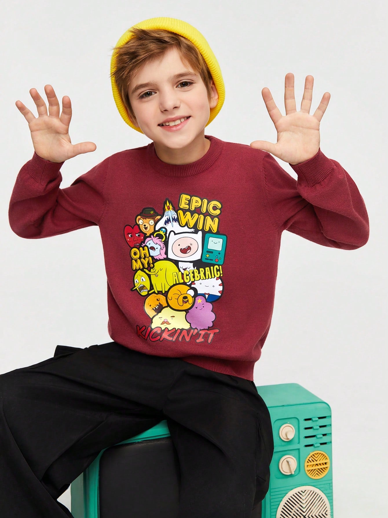 ADVENTURE TIME X Tween Boy Cartoon Pattern Loose Fit Long Sleeve Sweater With Round Collar