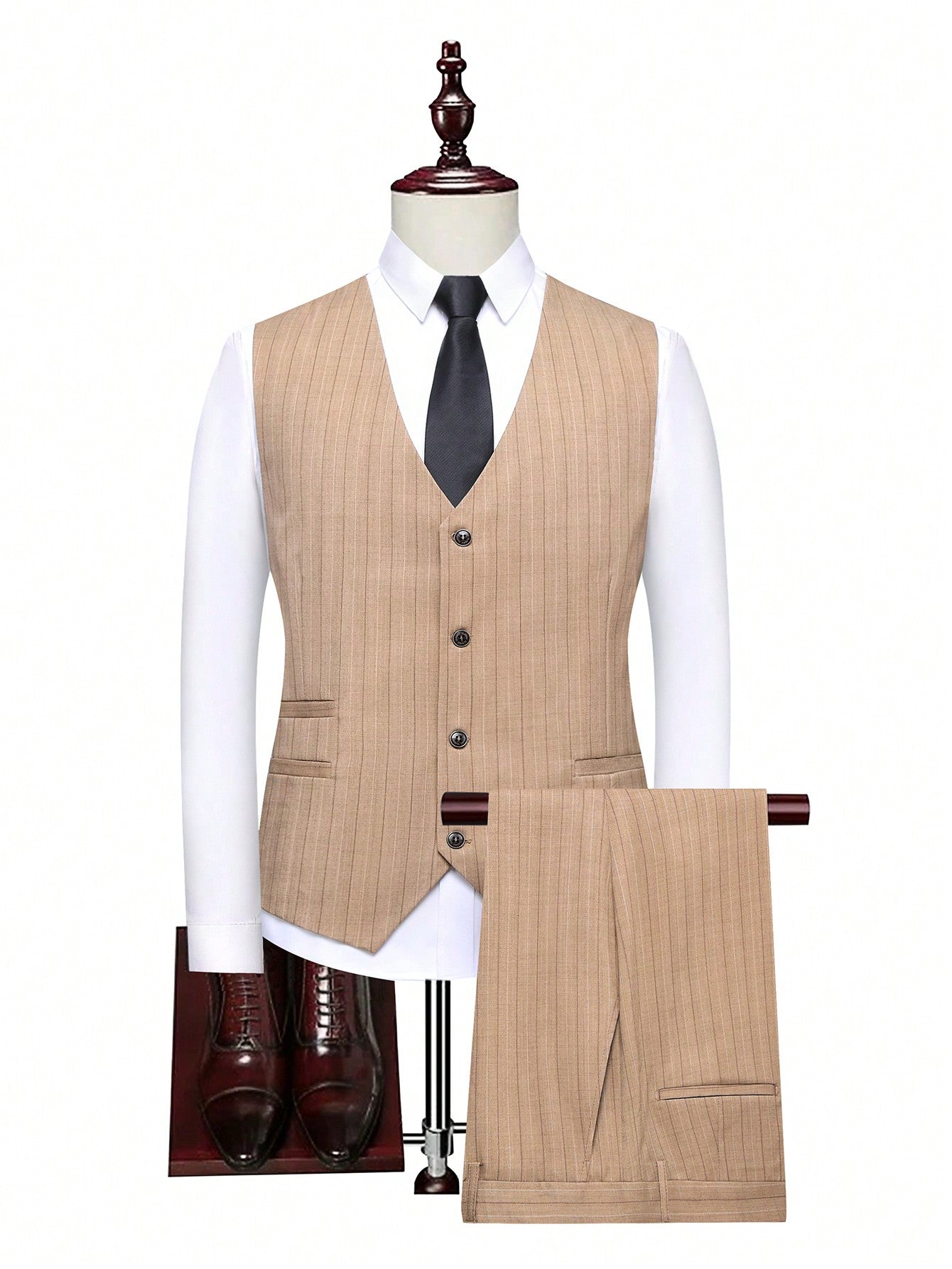 Plus Size Men'S 1pc Upward Striped Button Vest Suit Jacket And 1pc Suit Pants Set