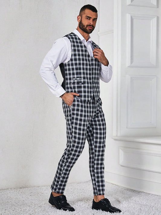 Men's Plus Size Grid Print Suit Vest And Pants Set