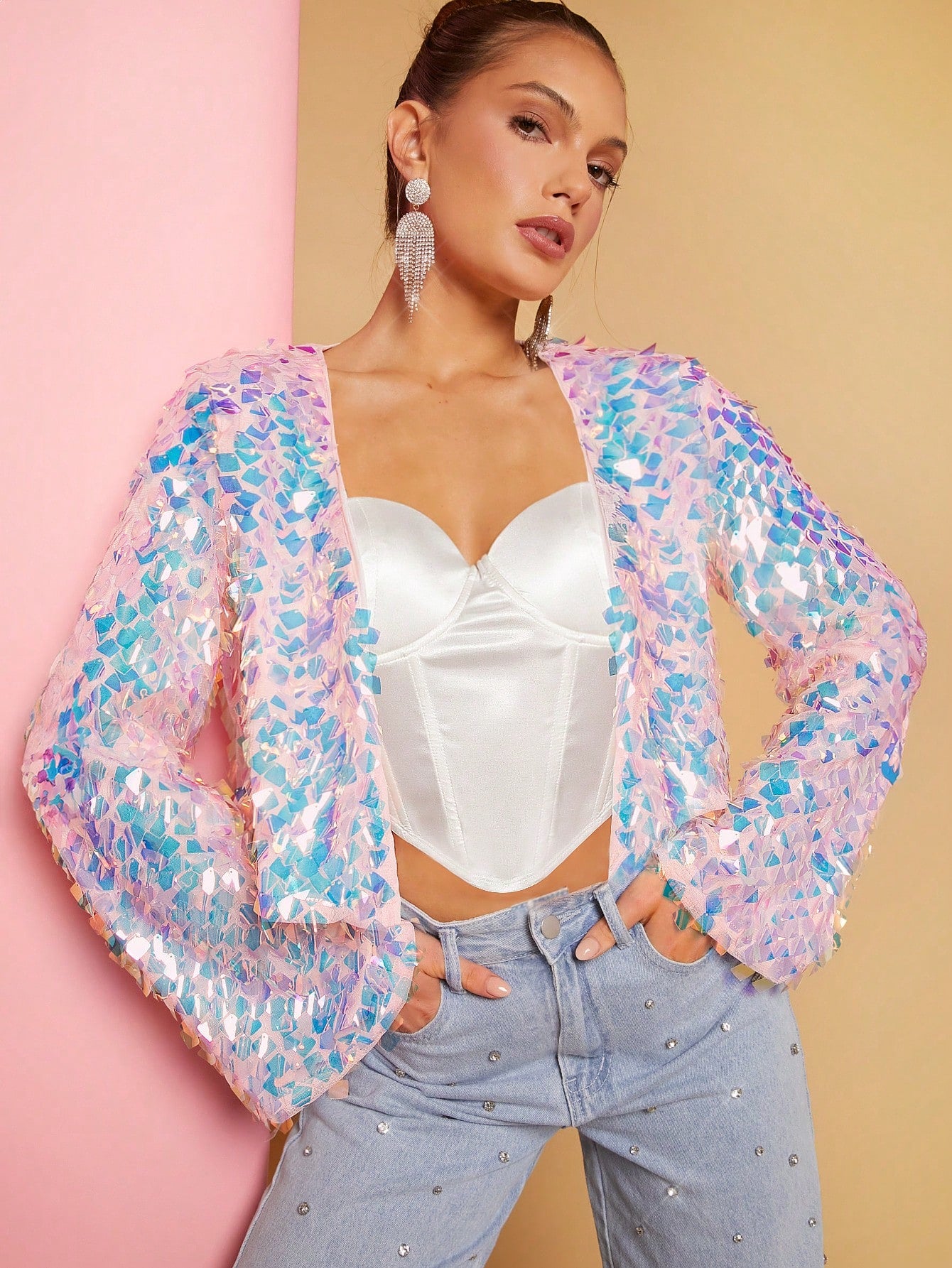 Haute Sequin Open Front Flare Sleeve Jacket