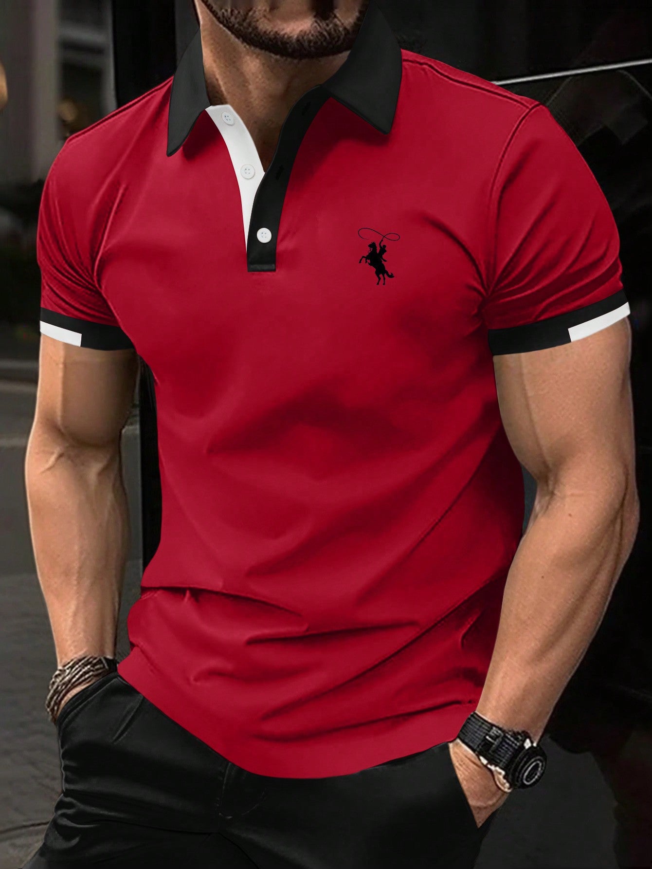 Men Horse Graphic Contrast Trim Polo Shirt