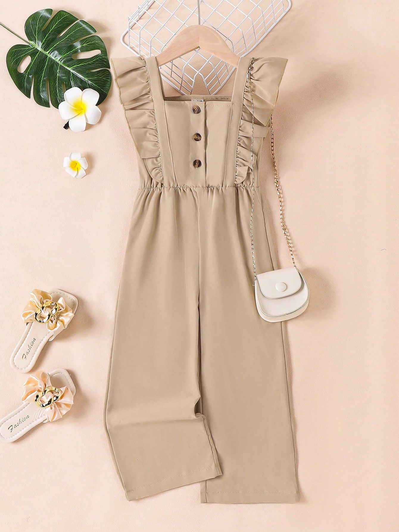 Young Girls' Ruffle Decorated Button Up Half-Placket Jumpsuit