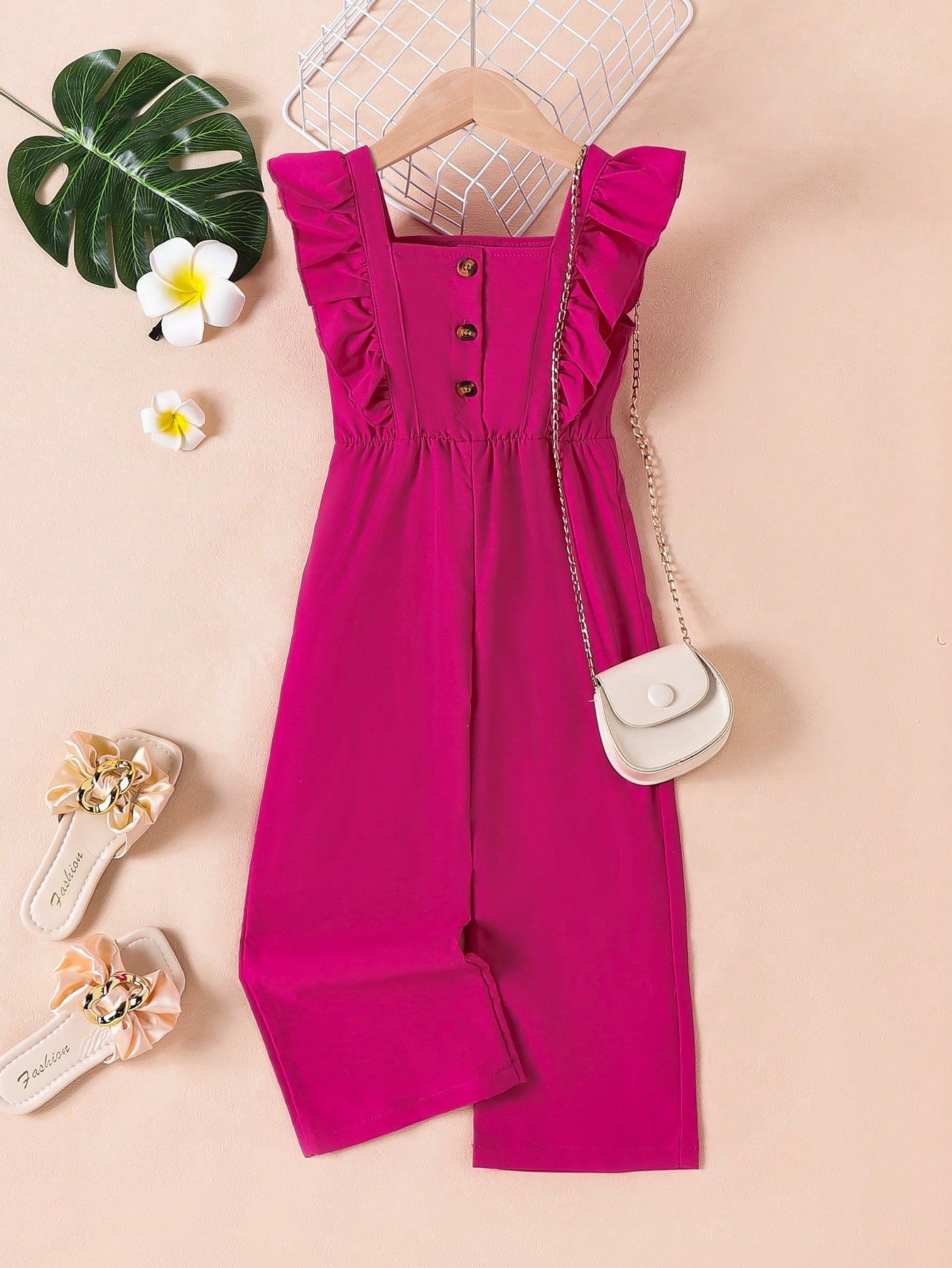 Young Girls' Ruffle Decorated Button Up Half-Placket Jumpsuit