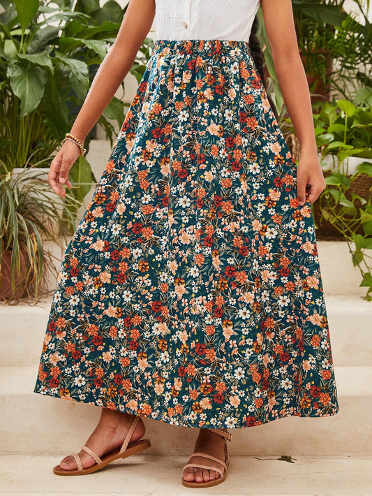 Tween Girls' Casual Floral Print Skirt For Vacation