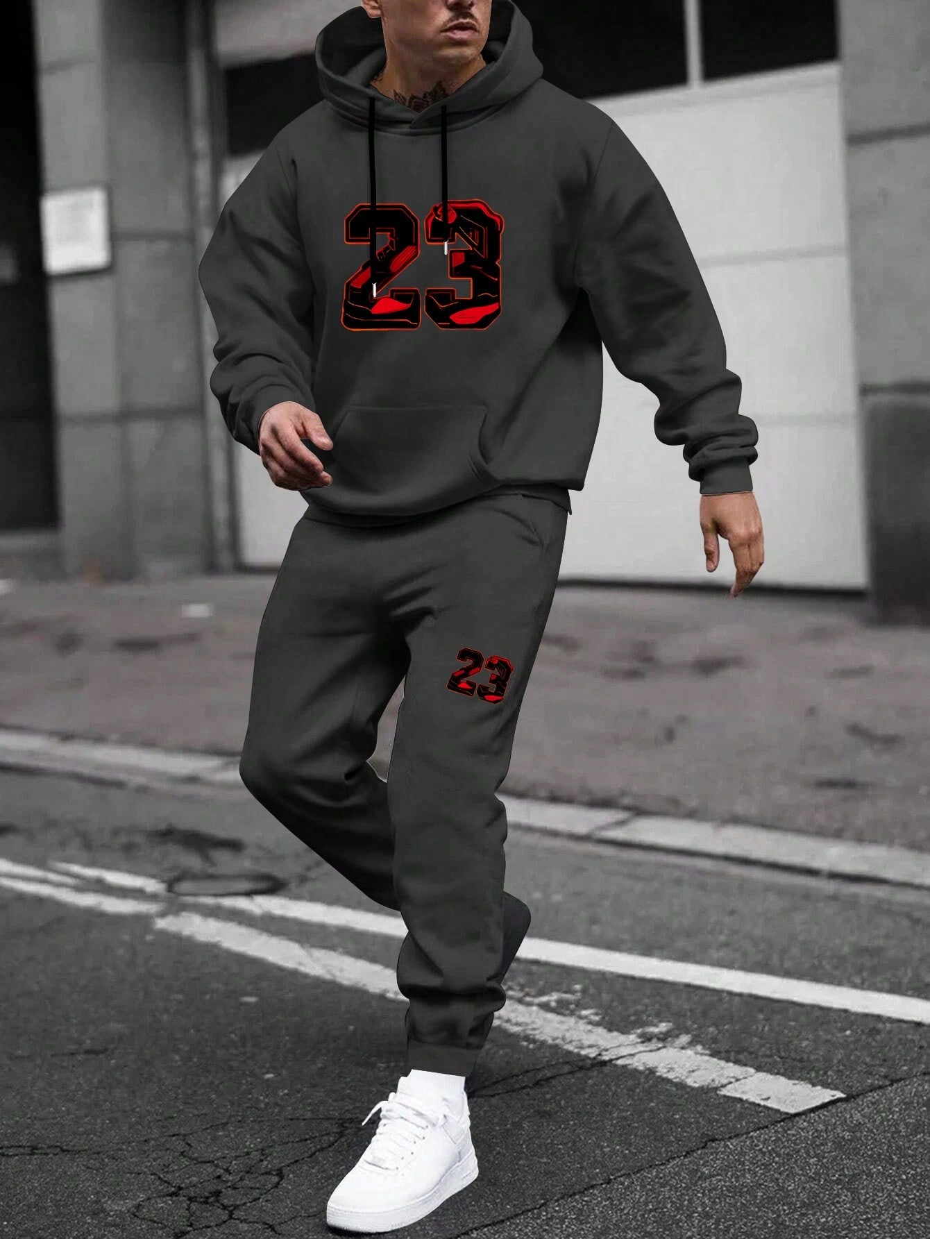 Men's Letter Printed Hooded Sweatshirt And Sweatpants Set With Drawstring