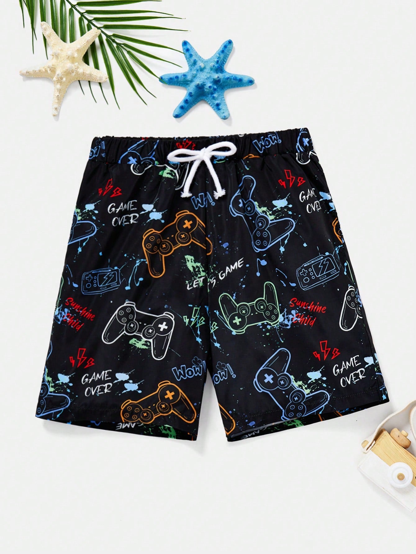 Tween Boys' Casual Integration Woven Letter & Game Machine Pattern Swimsuit Shorts