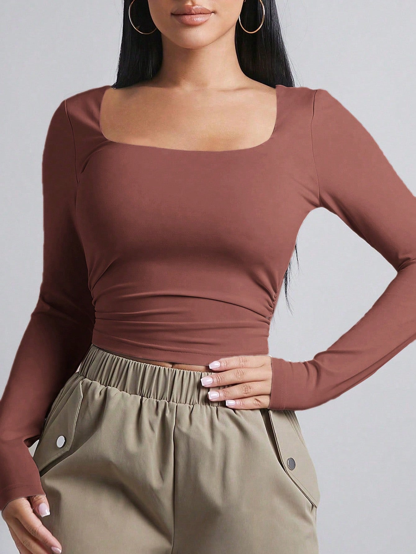 Square Neck Ruched Side Crop Tee