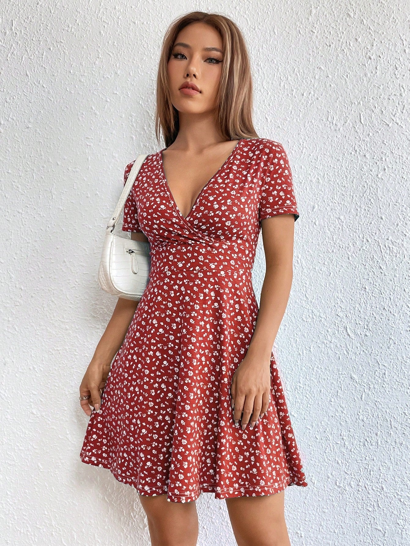 Women Spring/Summer Elegant Wrap Heart Polka Dot Print V-Neck Short Sleeve Dress