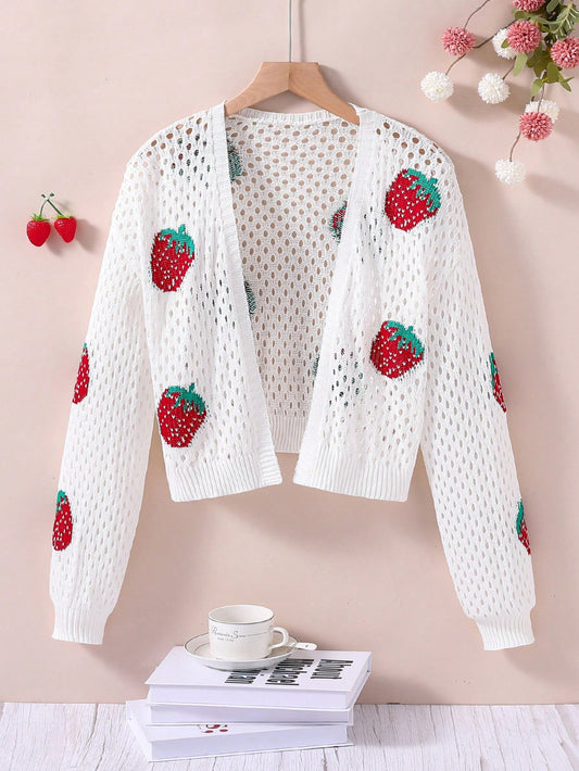 Teen Girls' Knitted Hollow Out Strawberry Pattern Cardigan