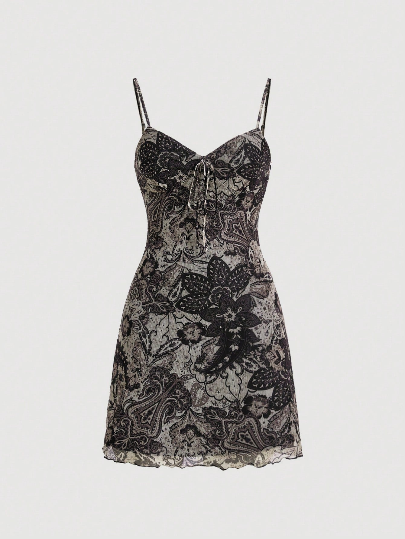 Floral & Paisley Print Tie Front Elasticity Vintage Cami Dress