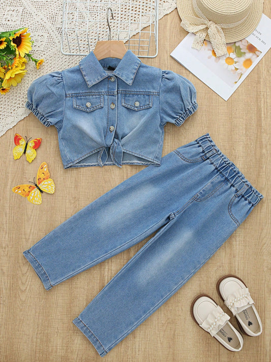 Young Girl Basic Casual Vacation Style Cute Puff Sleeve Tie-Front Short Denim Jacket & Elastic Waist Loose Straight Leg Jeans Set