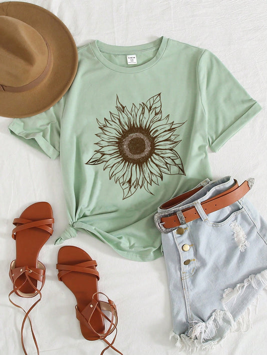 Teen Girls' Casual Simple Sunflower Printed Short Sleeve Tee, Suitable For Summer