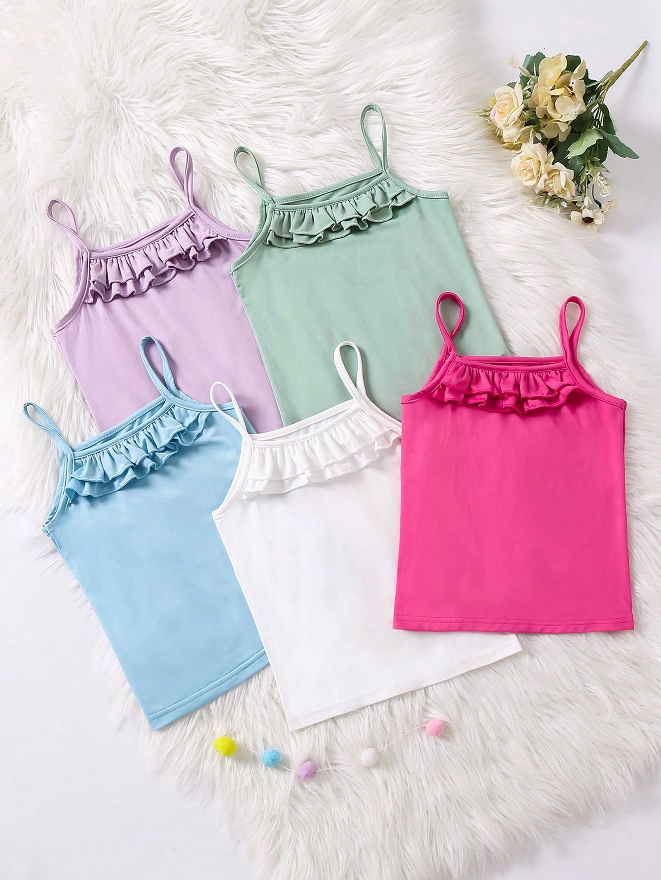 Young Girl Solid Color Ruffle Edge Cami Top Set, Pack Of 5