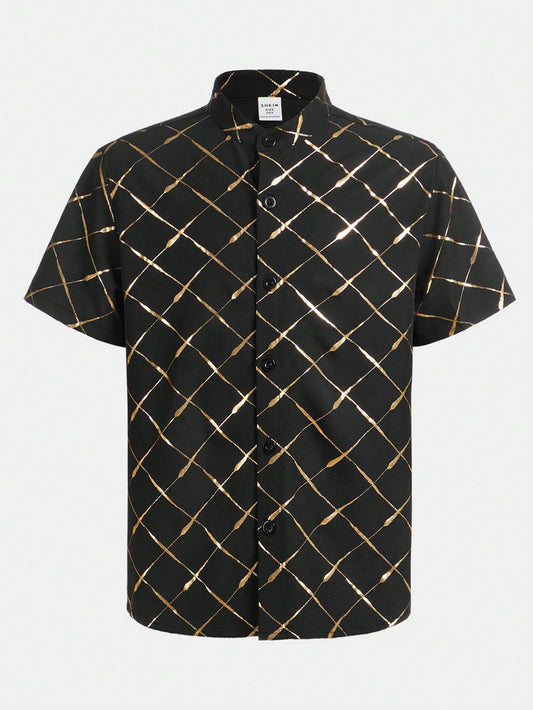 Tween Boy Loose Casual Short Sleeve Shirt With Jacquard Fabric And Gold Foil Print Stand Collar