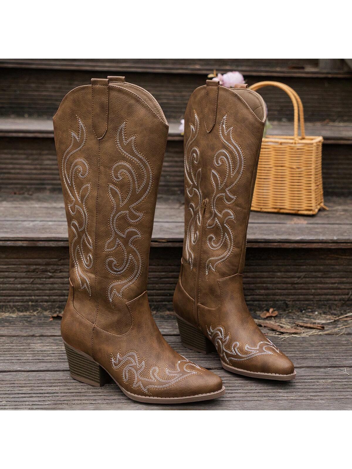 Women's Fashionable Embroidered Leather Knee-High Wedge Boots