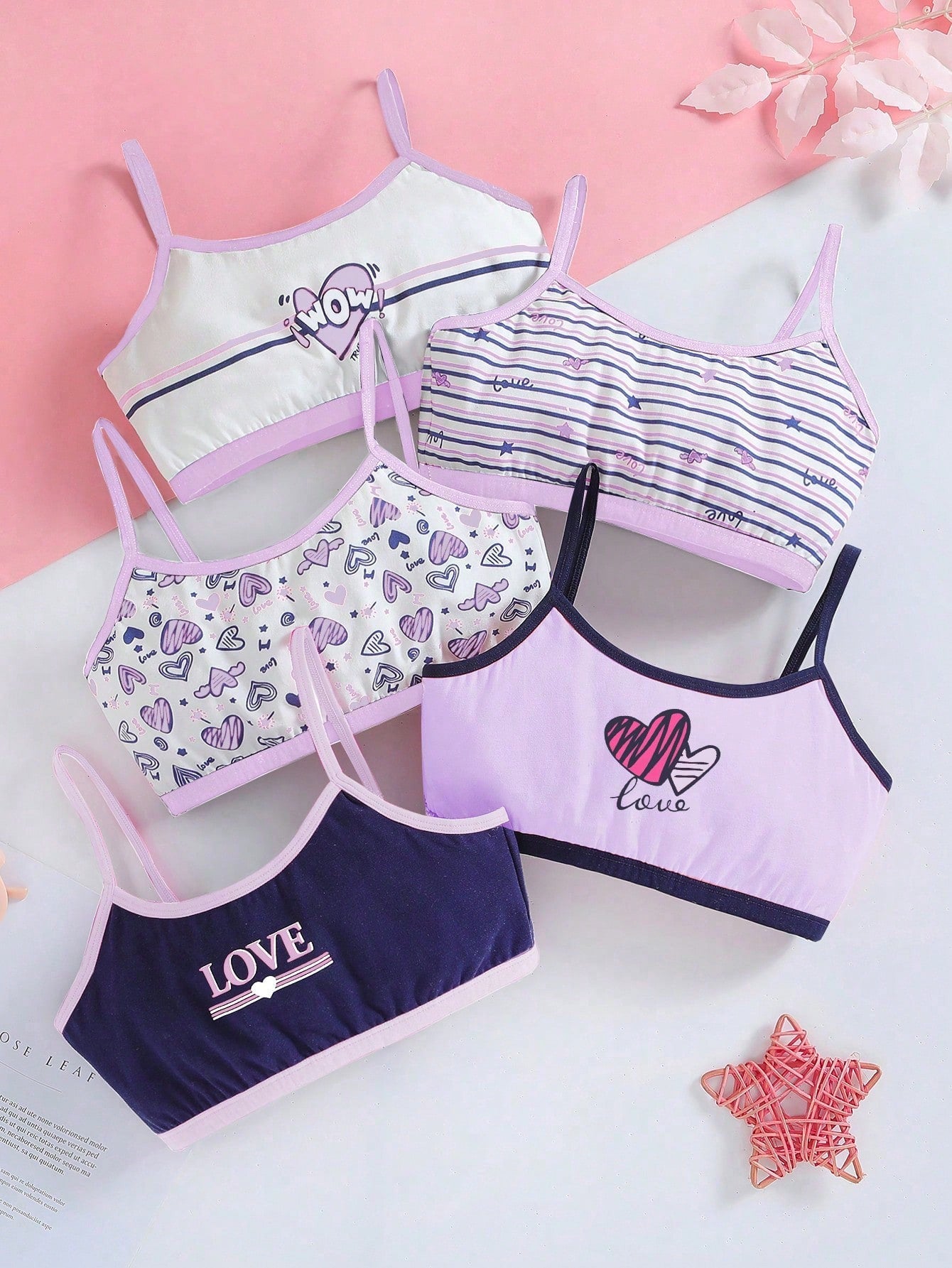 Tween Girl 5pcs Striped & Heart Print Contrast Binding Bra