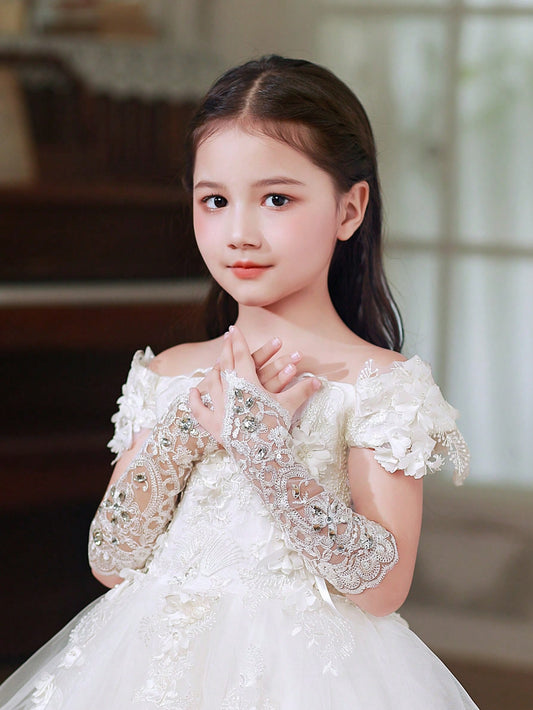 Children's Formal Dress Gloves, Long Style, White, Princess Style, For Girls' Performances, Weddings, Dance Rituals And Flower Girls' Costumes