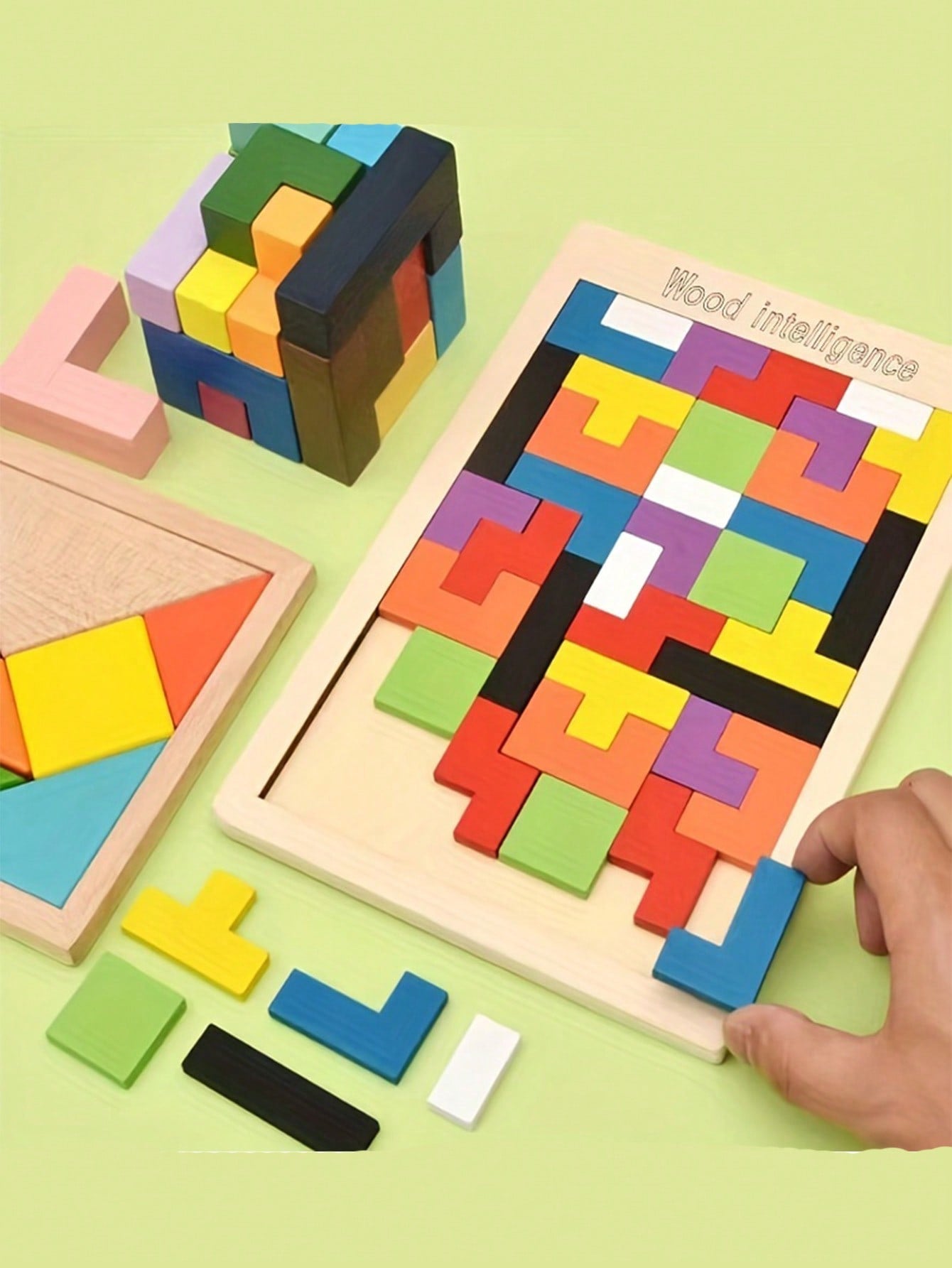 Colorful 3D Wooden Blocks Puzzle Brain Teaser - Montessori Educational Toy For Kids To Improve Intelligence & Creativity