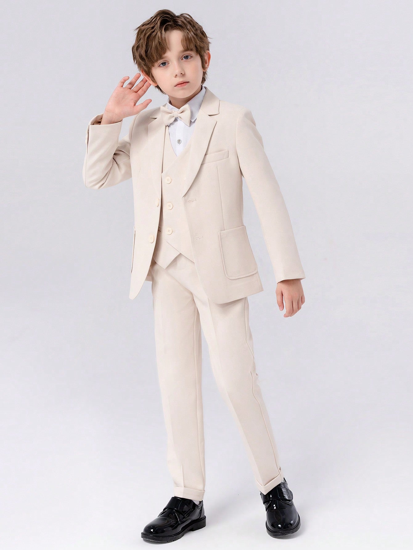 4pcs Young Boy Suit Set For New Year Day, Gentleman Suit Coat, Vest, Pants And Bow Tie Set, Spring